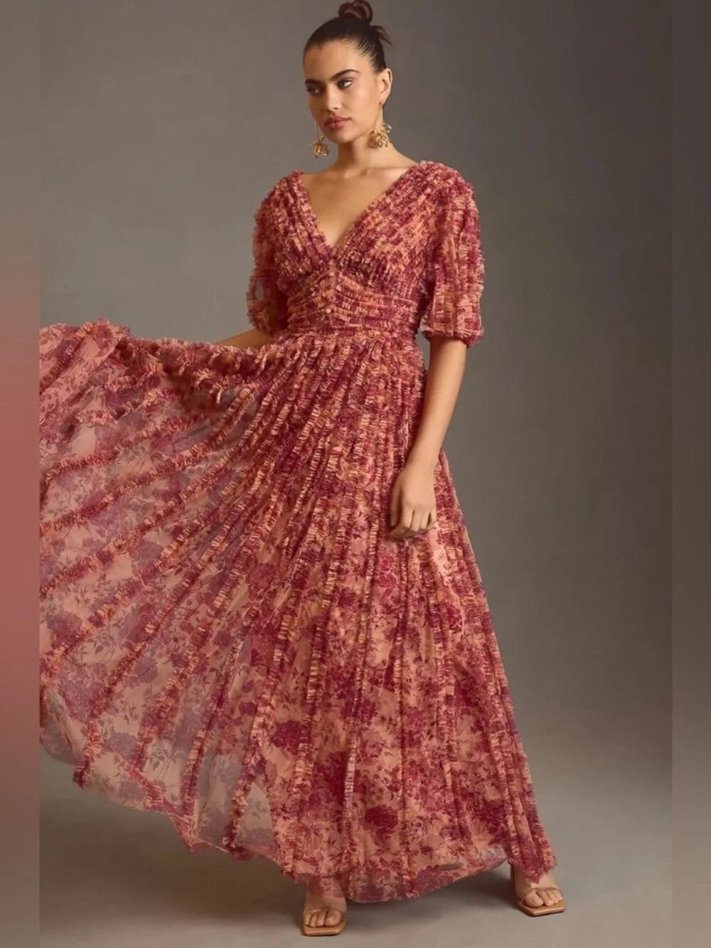 Mac‎ Duggal 8013 V-Neck Red Pink Nude Ruffled Mesh Chiffon Dress Size 6